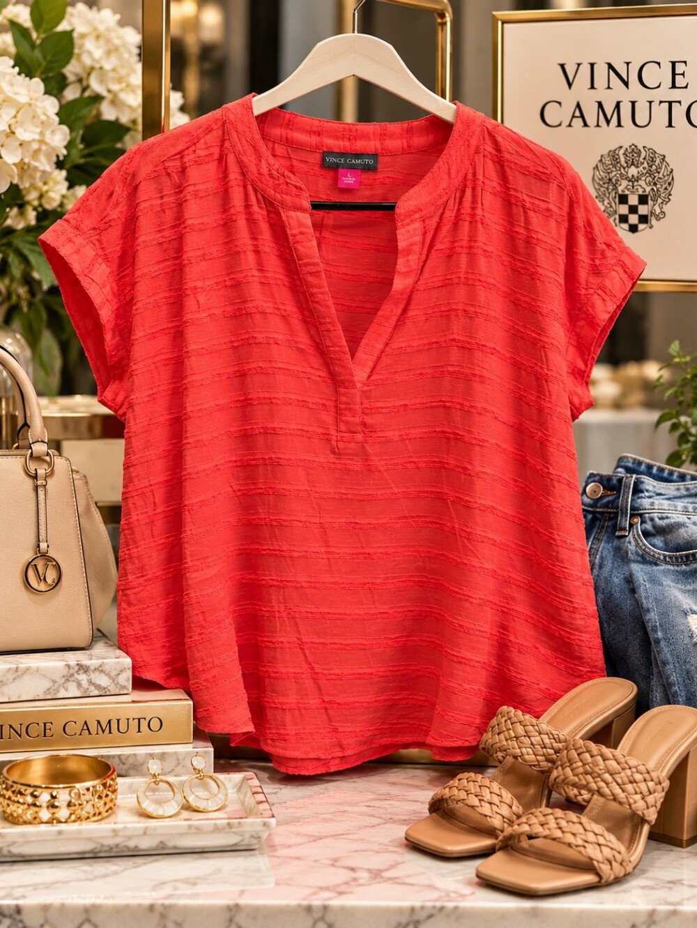 Vince Camuto Coral-Red Textured V-Neck Short Sleeve Tunic